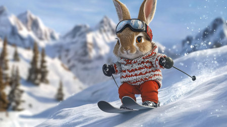 A cute cartoon rabbit in ski gear glides down a snowy mountain slope, showcasing a playful spirit and joy in winter sports, perfect for children's themes.の素材
