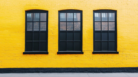 A vibrant yellow wall featuring three elegant black framed windows creates a striking urban scene. The unique colors enhance the architectural appeal and modern style.の素材