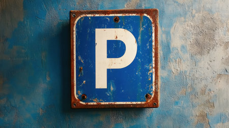 This image features a weathered blue parking sign mounted on a grungy wall, showcasing urban textures and signs of aging, ideal for projects on transportation.の素材