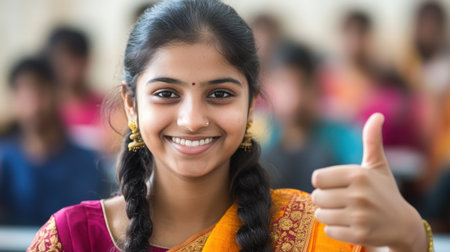 A joyful young girl with braided hair is smiling and giving a thumbs up in a classroom setting. Her colorful traditional attire reflects her cultural pride and positivity.の素材