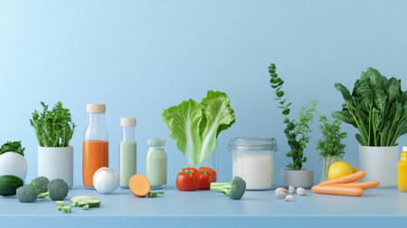 A vibrant display of fresh vegetables and healthy ingredients on a rustic blue background, ideal for concepts related to nutrition, cooking, and healthy living.の素材
