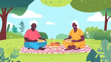 Two elderly women share a delightful picnic in a sunny park, surrounded by lush greenery. Their joyful expressions reflect friendship and happiness.の素材