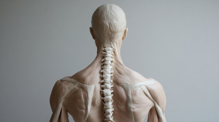 A highly detailed anatomical model showcasing the human spine and upper body muscles from the back perspective, ideal for educational and healthcare settings.の素材