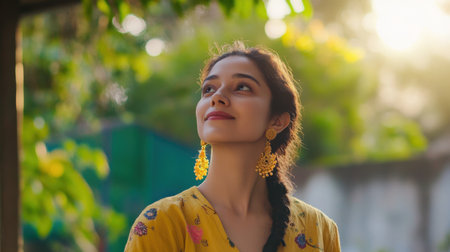 A young woman in a yellow dress stands outdoors, smiling softly as she enjoys the beauty of nature. The warm sunlight creates a serene atmosphere, highlighting her joyful expression.の素材