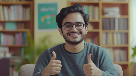 A cheerful young man expresses happiness by giving a thumbs up. He sits comfortably in a cozy indoor setting, radiating positivity and warmth.の素材
