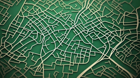 Explore an abstract map design showcasing thin line patterns over a vibrant green background. Perfect for projects focusing on urban geography and design aesthetics.の素材