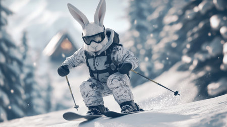 A whimsical bunny character dressed in ski gear enjoys the thrill of skiing down a snowy slope. The scenic winter landscape adds to the charm of this playful outdoor activity.の素材