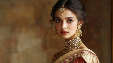Captivating portrait of a woman in traditional attire, adorned with intricate jewelry. Her expression reflects grace, capturing the beauty of cultural elegance.の素材