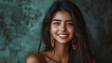 A radiant woman smiles warmly, showcasing her long hair and earrings in a striking close-up portrait. The textured background enhances her natural beauty and charm.の素材