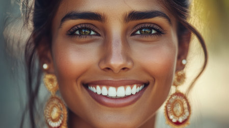 A joyful woman with a radiant smile and elegant earrings poses in the sunlight, showcasing beauty and happiness in an enchanting outdoor setting.の素材