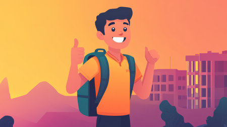 A cheerful young traveler in a bright shirt gives a thumbs-up with a scenic sunset backdrop. Perfect for promoting adventure and exploration themes.の素材