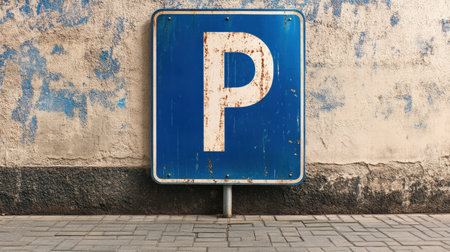 A weathered blue parking sign stands against a textured wall, showcasing rust and wear. The minimalist design can enhance urban photography themes.の素材