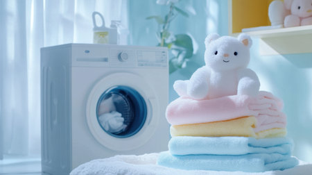 A serene scene showcasing soft pastel towels stacked neatly with a cute bear doll in front of a washing machine, conveying comfort and cleanliness in a cozy home environment.の素材