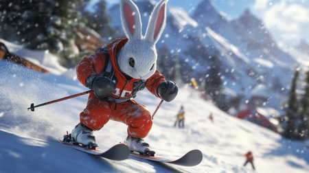 A cute rabbit skiing down snowy slopes captures the essence of winter fun. The vibrant landscape showcases an adventurous spirit and playful energy.の素材