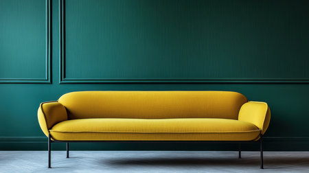 A stunning modern yellow sofa positioned against a rich green wall creates a striking focal point in a minimalist room, merging style and comfort effortlessly.の素材