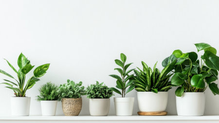 A beautiful display of various indoor plants in white pots arranged on a shelf. This bright setting brings nature indoors, enhancing the home atmosphere.の素材