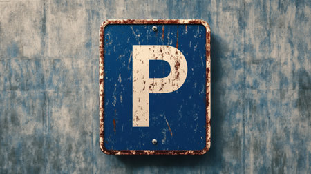 This vintage parking sign features a bold letter P on a distressed blue background, perfect for urban-themed projects or creative design elements.の素材