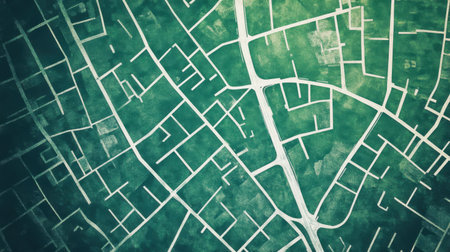 A captivating aerial view showcasing an abstract urban street grid. The intricate network of roads and paths creates a mesmerizing visual pattern.の素材