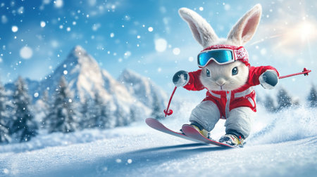 A charming scene of a cute rabbit skillfully skiing on a snowy slope, surrounded by towering mountains and whimsical winter scenery. Perfect for winter sports themes.の素材