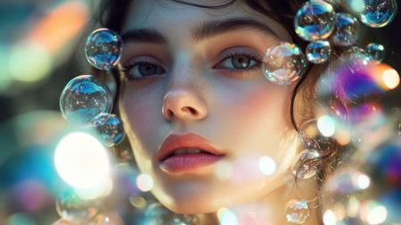 A captivating close-up portrait of a young woman surrounded by colorful bubbles, portraying beauty and tranquility in a dreamy atmosphere, enhanced by soft lighting.の素材