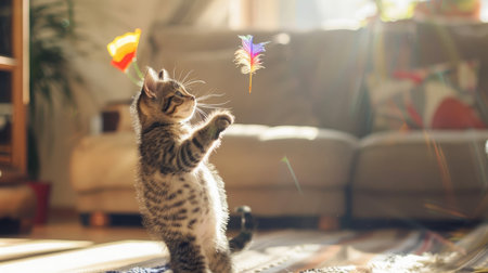 A playful tabby kitten jumping in the air while trying to catch a colorful feather toy, with a bright, sunlit living room in the background.の素材