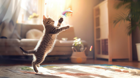 A playful tabby kitten jumping in the air while trying to catch a colorful feather toy, with a bright, sunlit living room in the background.の素材