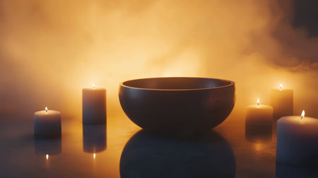 Discover a serene meditation scene featuring a singing bowl and lit candles, enveloped in gentle smoke. Perfect for conveying tranquility and mindfulness.の素材