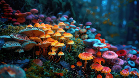 A colorful array of mushrooms thriving in the damp undergrowth of a dense forest floor.の素材