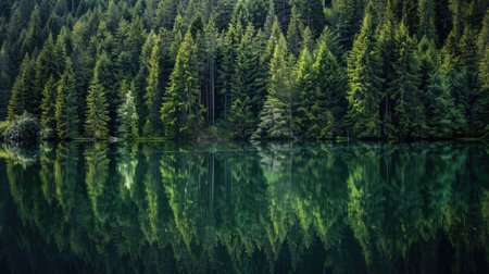 A serene lake nestled amidst towering pine trees, reflecting the tranquil beauty of the forest.の素材