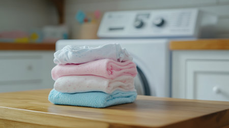 This image features a neatly stacked arrangement of soft baby clothes in pastel shades, set against a modern laundry room backdrop, conveying cleanliness and organization.の素材