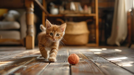 A playful orange tabby kitten chasing a ball of yarn across a wooden floor, with a rustic, cozy living room in the background.の素材