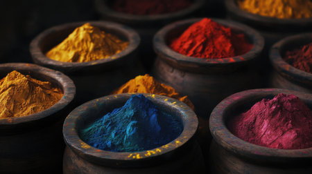 This captivating image features an array of vibrant spice powders displayed in traditional clay bowls. Ideal for culinary and food-related projects.の素材