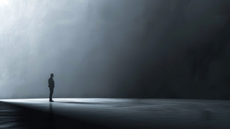 A solitary figure standing in contemplation against a vast, empty black space, pondering the unknown.の素材