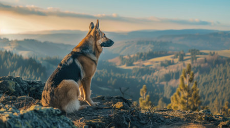 A majestic German Shepherd on a mountain trail, looking into the distance with a beautiful landscape of trees and hills behind.の素材