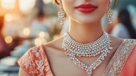 A close-up portrait of a beautiful woman showcasing her elegant jewelry and traditional attire. Her radiant smile and rich makeup enhance the sophisticated look.の素材