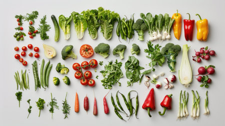 A vibrant array of farm-fresh vegetables on a gleaming white surface, promising wholesome goodness.の素材