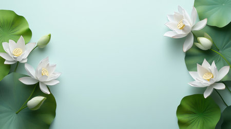 Beautiful arrangement of white lotus flowers and green leaves on a light green background. A tranquil and serene design perfect for wellness themes.の素材