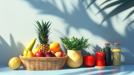 A visually appealing arrangement of fresh fruits and vegetables in a natural light setting. This colorful display promotes healthy eating and cooking.の素材
