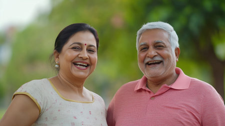 A vibrant and joyful elderly couple stands closely together, smiling brightly in a lush park. Their laughter reflects a loving bond and carefree lifestyle.の素材