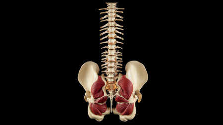 This image showcases a detailed view of human spine and pelvis from the front, highlighting skeletal structure and muscle integration, perfect for educational and research purposes.の素材