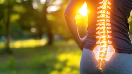 Stunning illustration of a human spine with glowing effect against a serene nature background. This image symbolizes health, wellness, and vitality in an outdoor setting.の素材