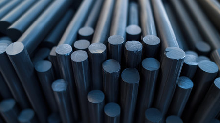 A close-up image showcasing dark cylindrical rods stacked in an organized manner. Ideal for illustrating industrial materials and manufacturing processes.の素材