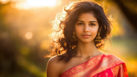 A stunning woman dressed in a vibrant saree stands outdoors bathed in warm sunlight. Her elegant jewelry complements the serene expression and flowing hair, creating a captivating portrait.の素材
