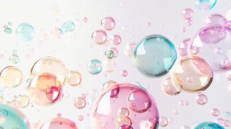 Delicate pastel bubbles floating on a white background.の素材