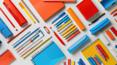 Brightly colored stationery arranged neatly on a spotless white desk, inspiring creativity.の素材