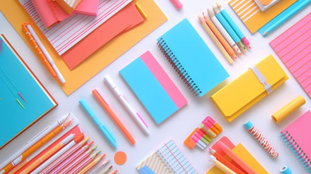 Brightly colored stationery arranged neatly on a spotless white desk, inspiring creativity.の素材