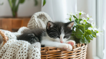 An adorable black and white kitten sleeping soundly in a wicker basket lined with a soft blanket, next to a blooming houseplant.の素材