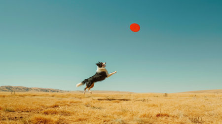 An active Border Collie catching a frisbee mid-air in a large open field, with a clear blue sky above.の素材