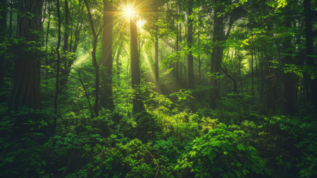 Lush green forest with sunlight filtering through trees for a natural background.の素材