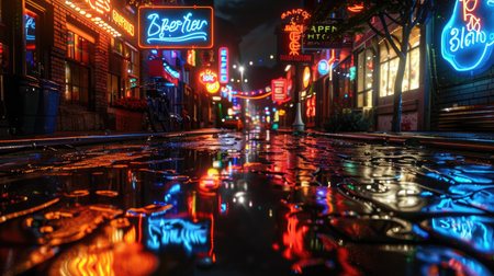 Glowing neon signs reflecting off a glossy black surface, epitomizing the vibrant nightlife.の素材